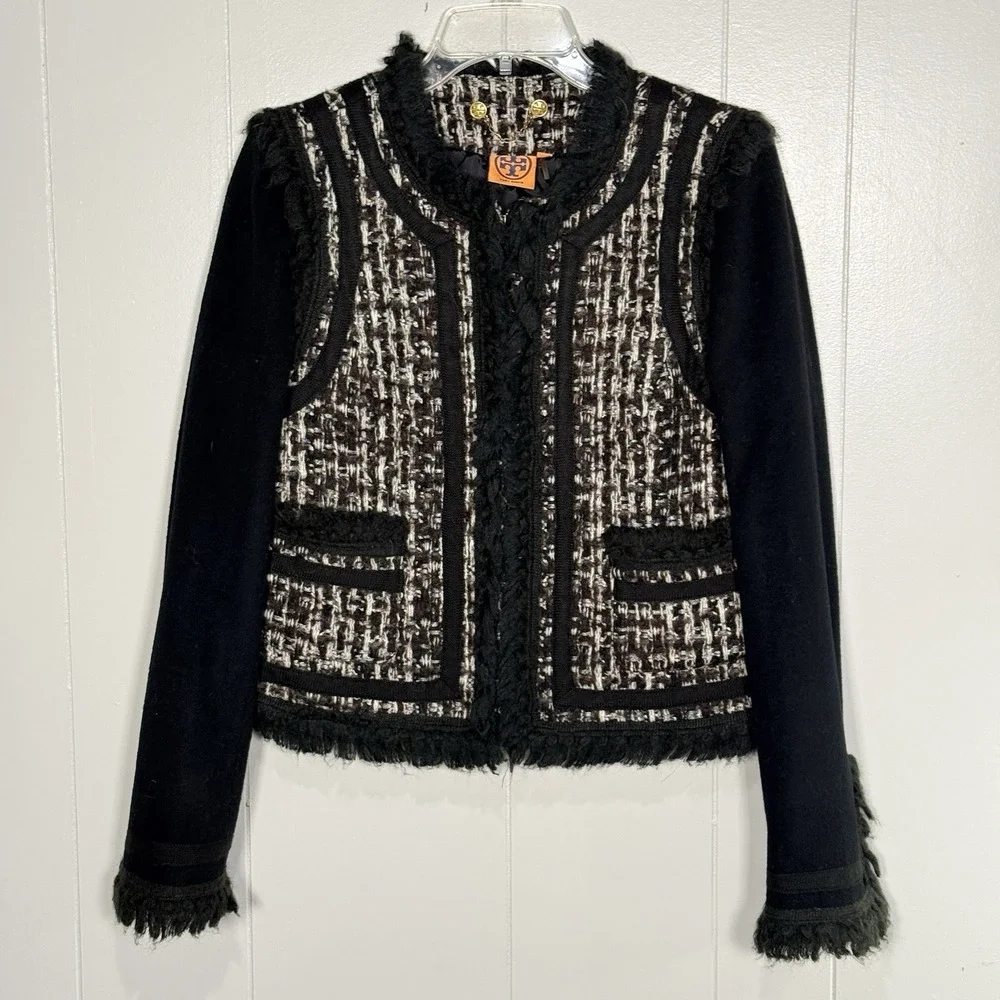 Tory Burch Tweed Fringe Jacket Size 8 Cropped Black Lined Boucle Wool‎ Blend